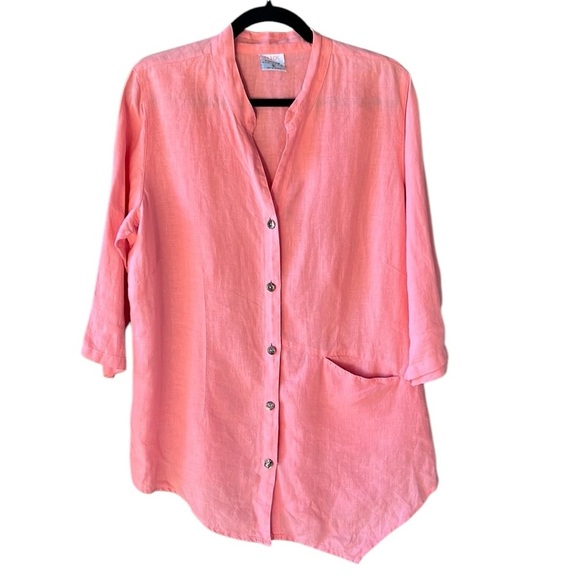Click Sz L 100% Linen Coral Asymmetrical Hem Tunic Top Button Down - Picture 1 of 9